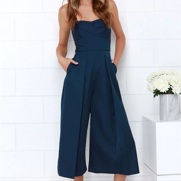KEEPSAKE the Label Pants - Keepsake The Label Blue True Awakening Satin Strapless Wide Leg Cropped Jumpsuit